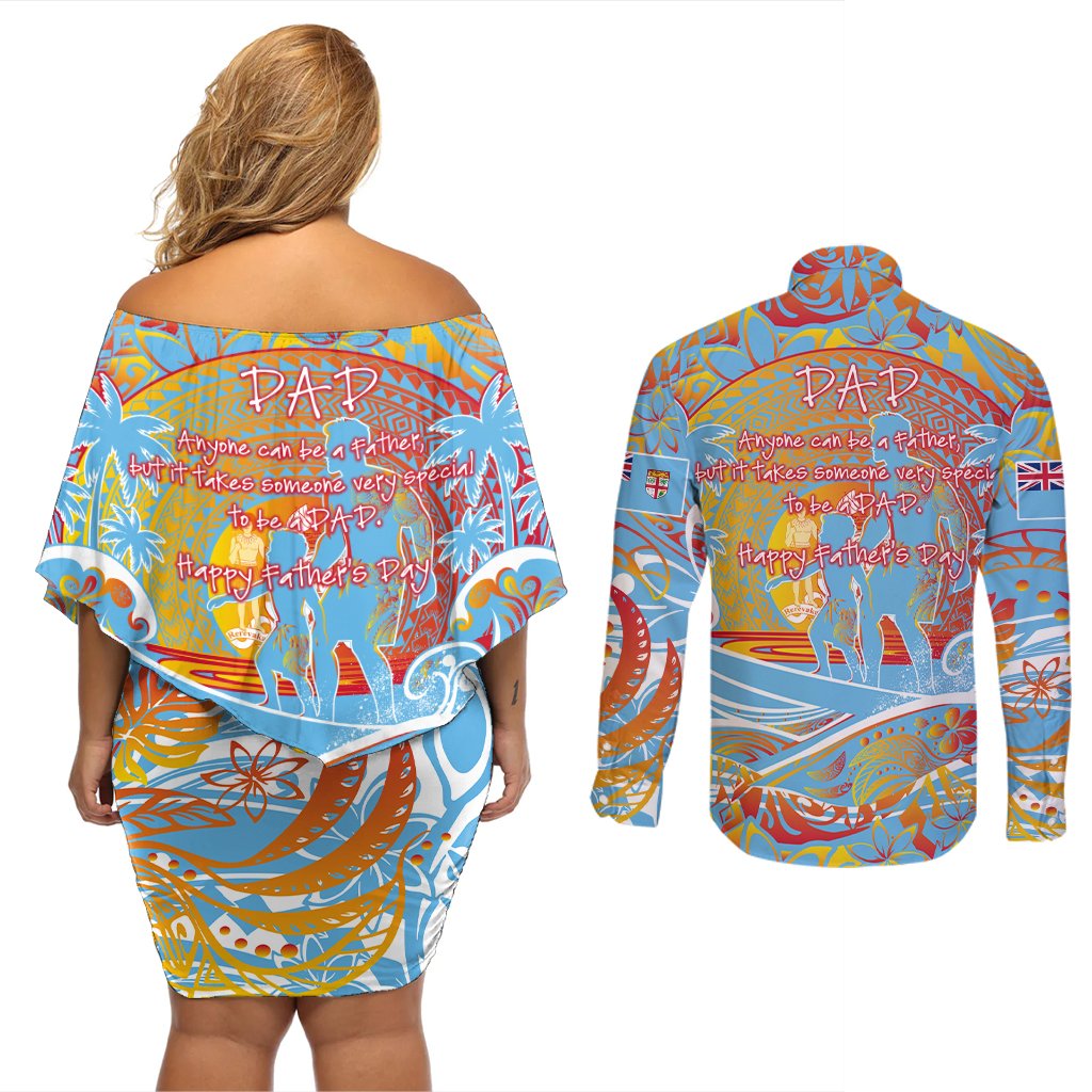 Father's Day Fiji Couples Matching Off Shoulder Short Dress and Long Sleeve Button Shirt Special Dad Polynesia Paradise