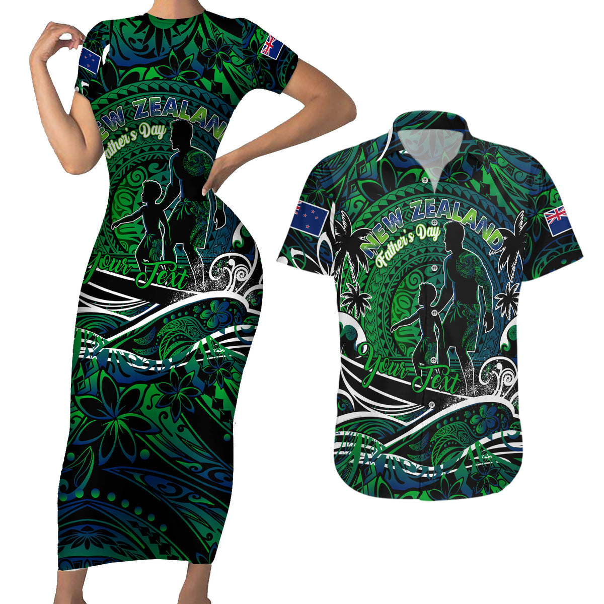 Father's Day New Zealand Couples Matching Short Sleeve Bodycon Dress and Hawaiian Shirt Special Dad Polynesia Paradise DT02 Green - Polynesian Pride