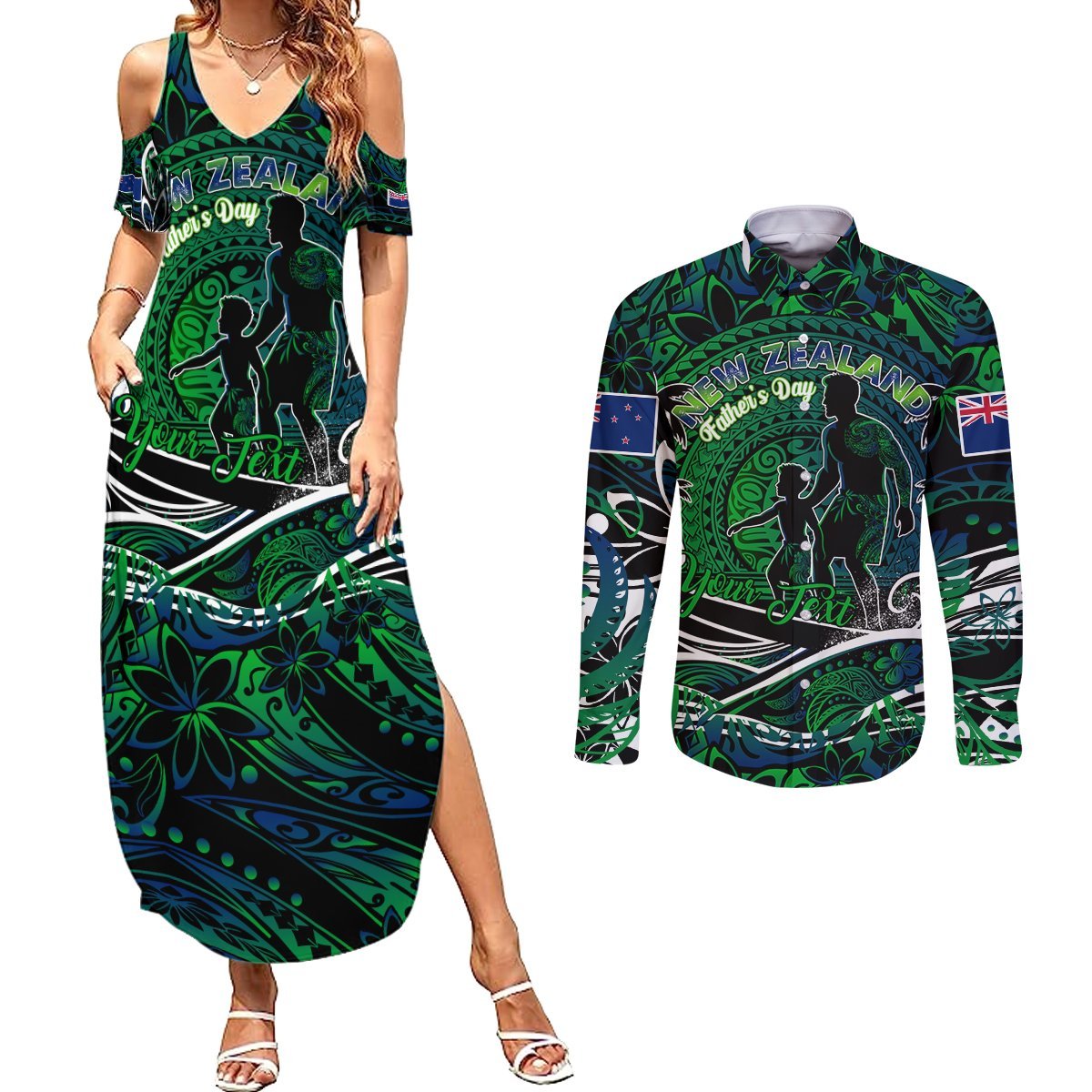 Father's Day New Zealand Couples Matching Summer Maxi Dress and Long Sleeve Button Shirt Special Dad Polynesia Paradise DT02 Green - Polynesian Pride