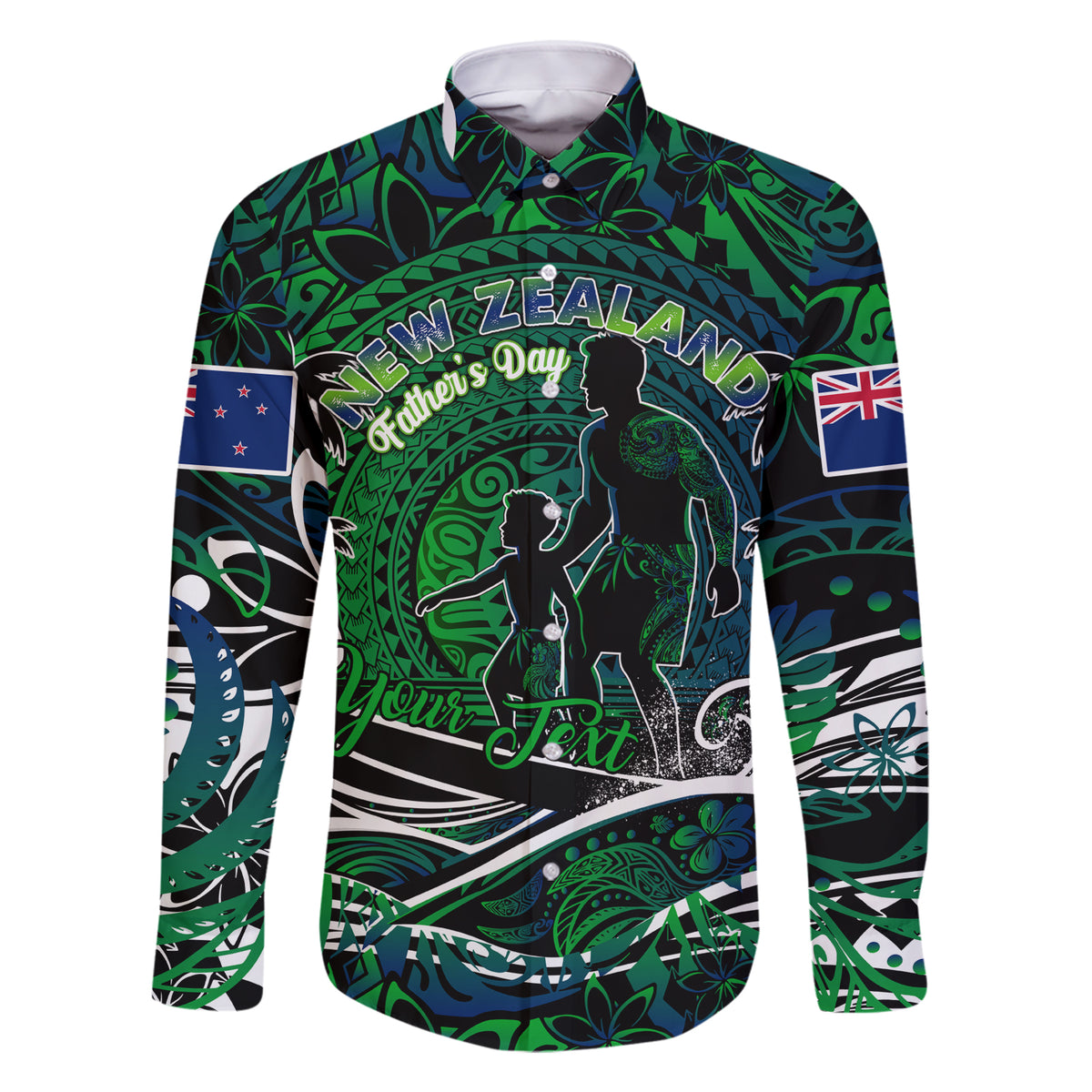 Father's Day New Zealand Family Matching Short Sleeve Bodycon Dress and Hawaiian Shirt Special Dad Polynesia Paradise DT02 Dad's Shirt - Long Sleeve Green - Polynesian Pride