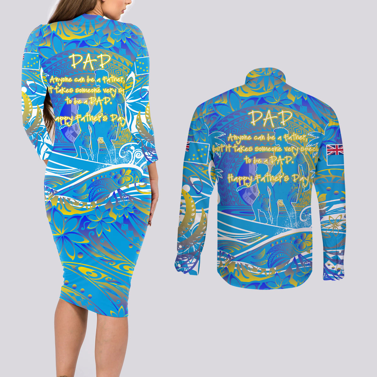 Father's Day Tuvalu Couples Matching Long Sleeve Bodycon Dress and Long Sleeve Button Shirt Special Dad Polynesia Paradise