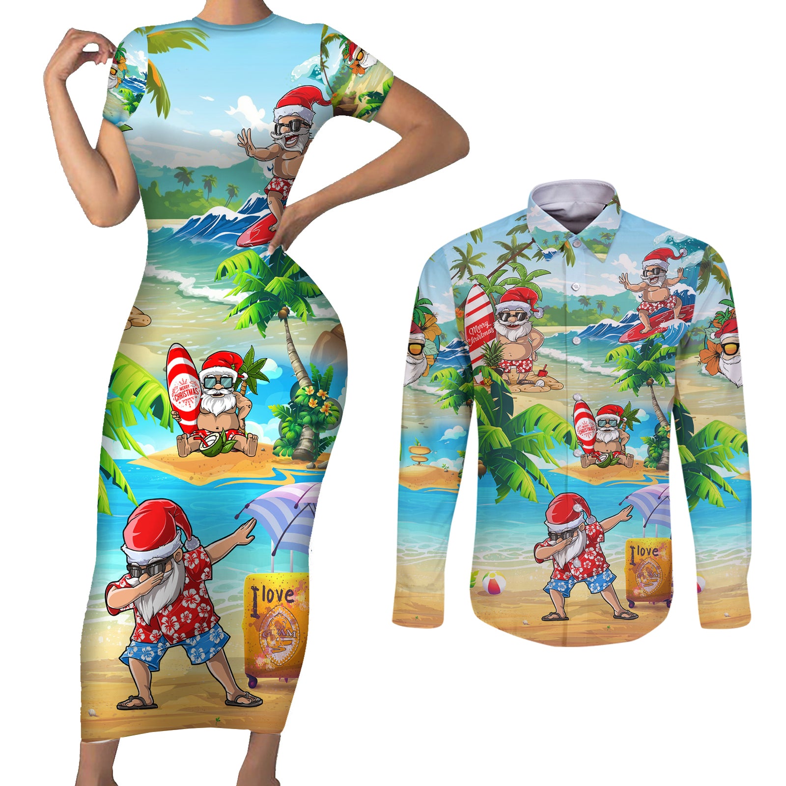 Guam Christmas Couples Matching Short Sleeve Bodycon Dress and Long Sleeve Button Shirts Santa Claus Beach and Wave DT02 Art - Polynesian Pride