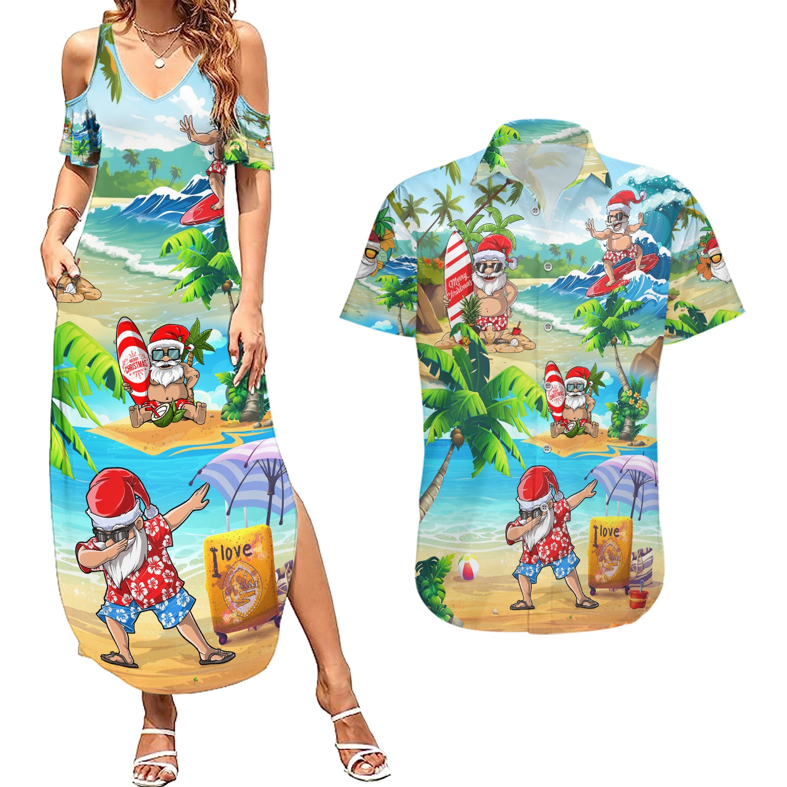 Guam Christmas Couples Matching Summer Maxi Dress and Hawaiian Shirt Santa Claus Beach and Wave DT02 Art - Polynesian Pride