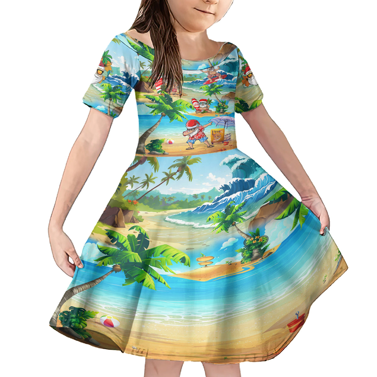 Guam Christmas Family Matching Short Sleeve Bodycon Dress and Hawaiian Shirt Santa Claus Beach and Wave DT02 Daughter's Dress Art - Polynesian Pride