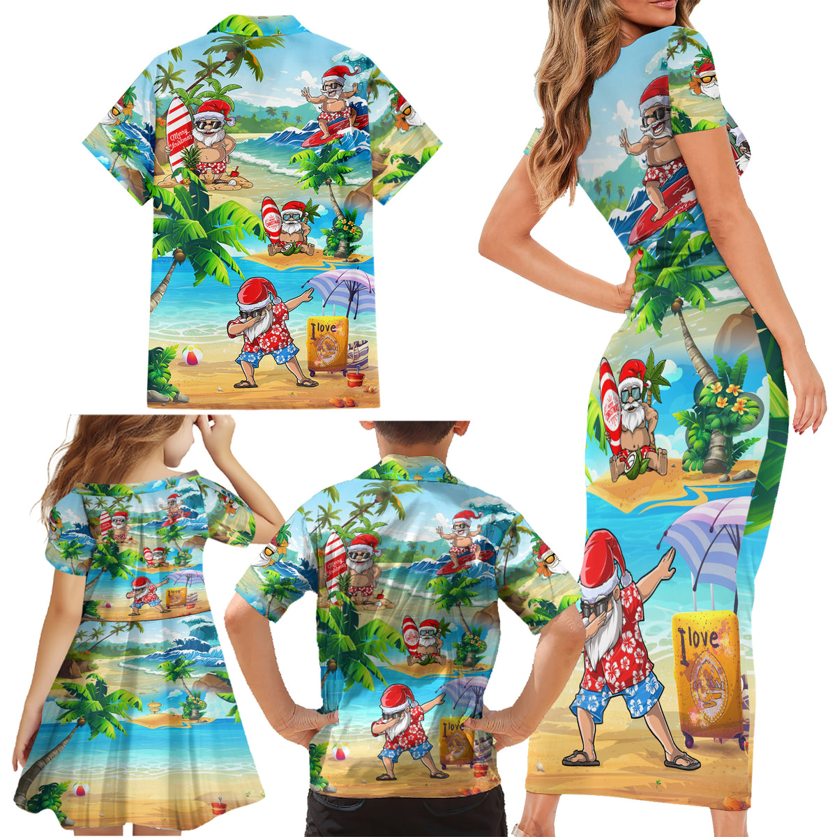 Guam Christmas Family Matching Short Sleeve Bodycon Dress and Hawaiian Shirt Santa Claus Beach and Wave DT02 - Polynesian Pride