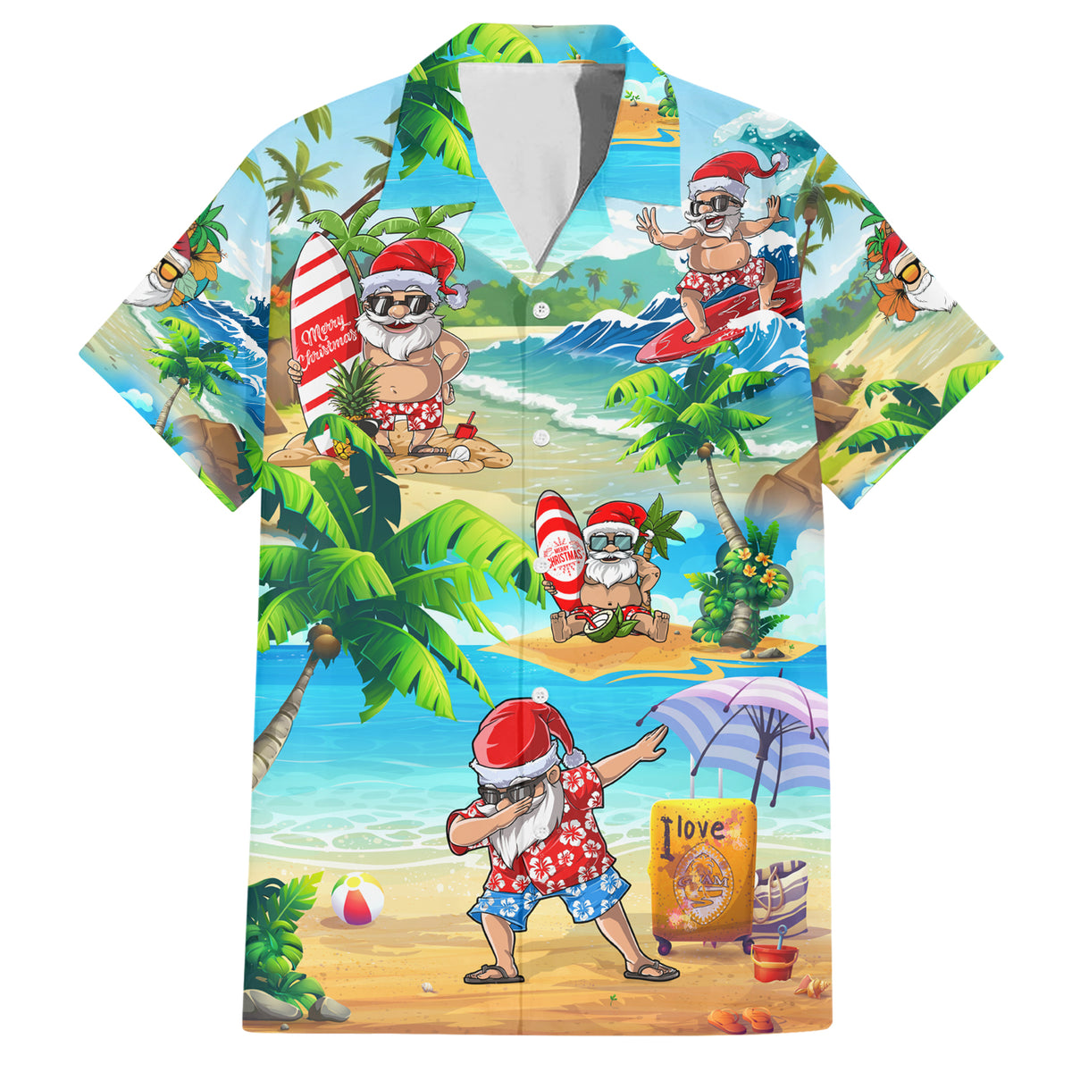 Guam Christmas Family Matching Short Sleeve Bodycon Dress and Hawaiian Shirt Santa Claus Beach and Wave DT02 Dad's Shirt - Short Sleeve Art - Polynesian Pride