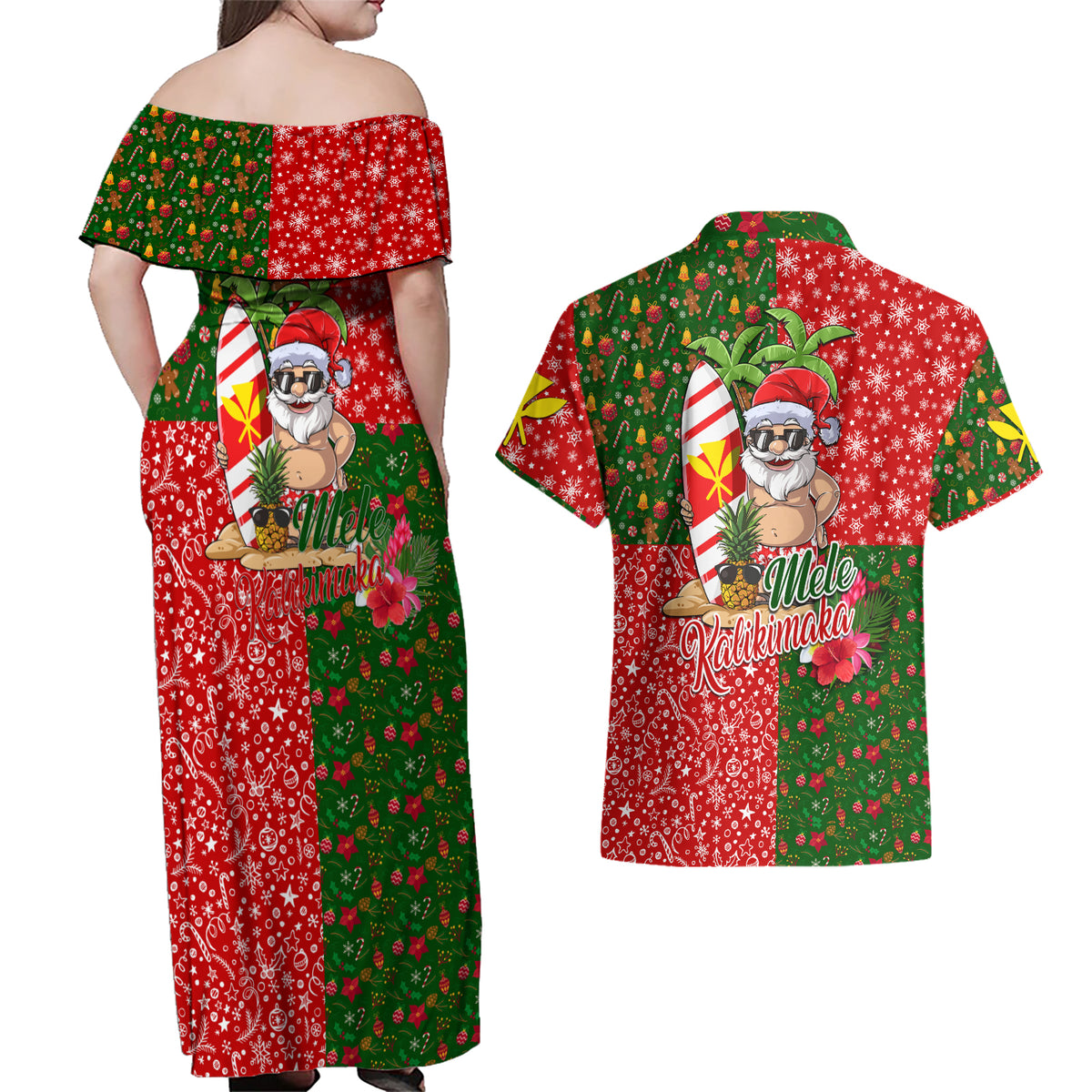 Hawaii Christmas Couples Matching Off Shoulder Maxi Dress and Hawaiian Shirt Mele Kalikimaka Kanaka Maoli DT02 - Polynesian Pride