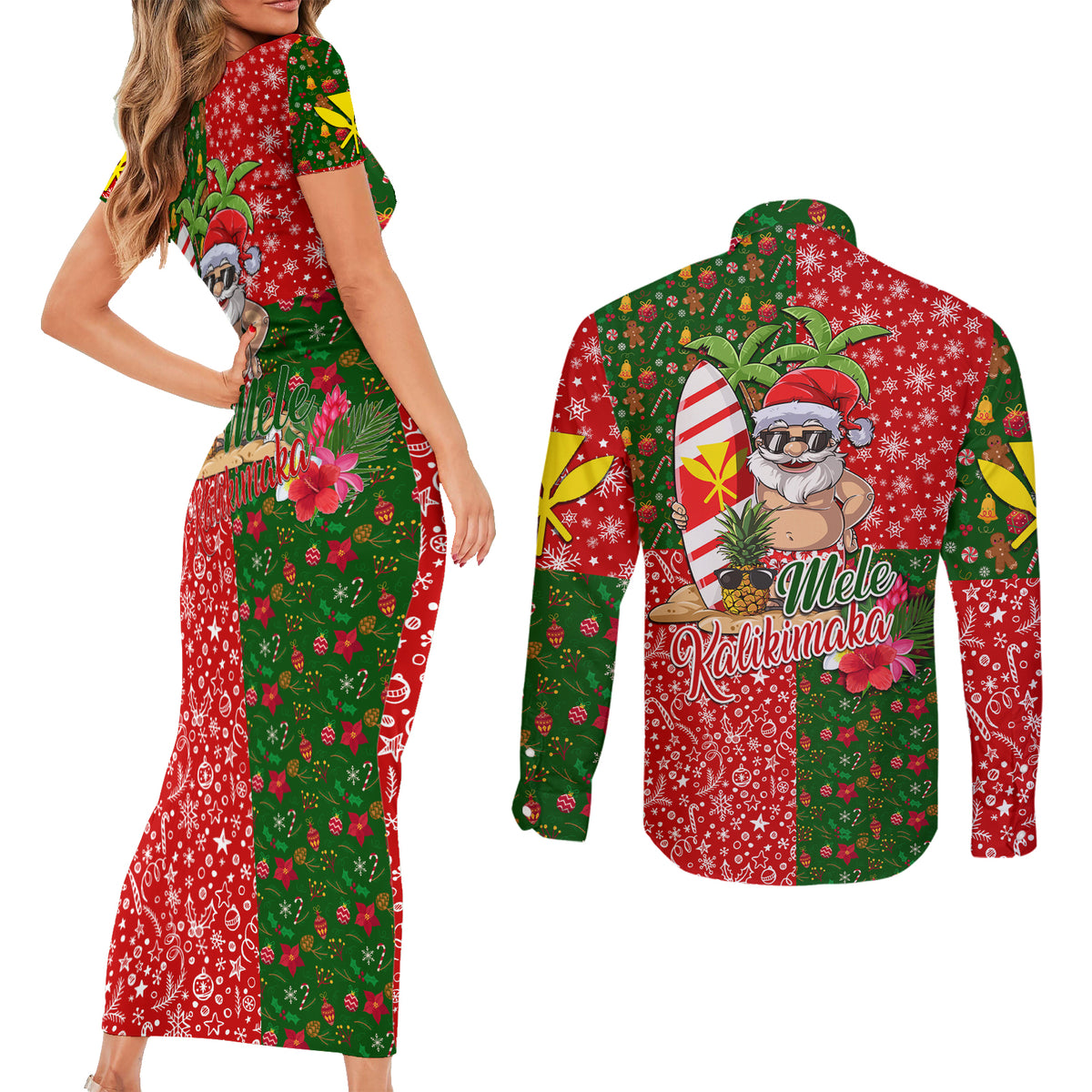 Hawaii Christmas Couples Matching Short Sleeve Bodycon Dress and Long Sleeve Button Shirts Mele Kalikimaka Kanaka Maoli DT02 - Polynesian Pride