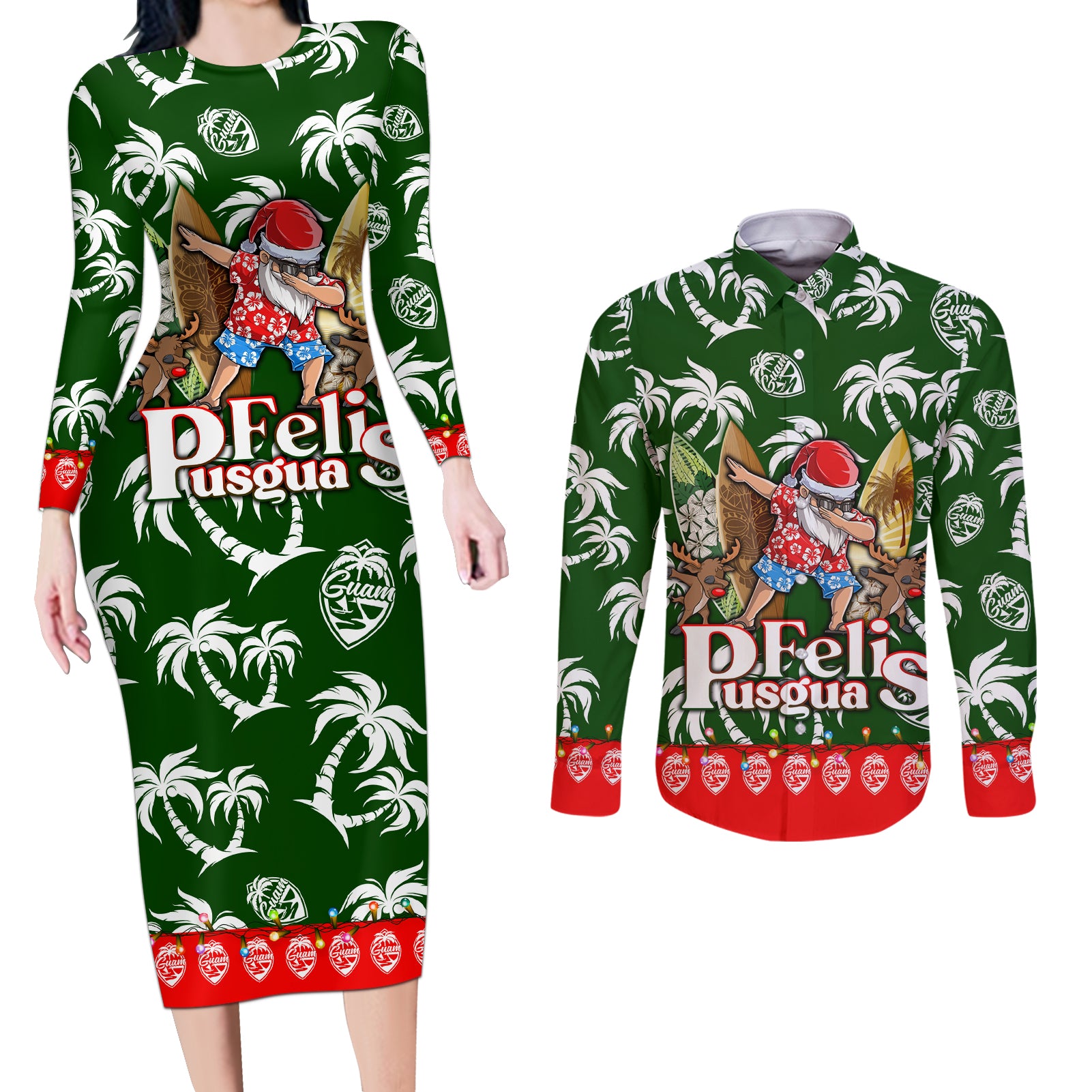Guam Christmas Couples Matching Long Sleeve Bodycon Dress and Long Sleeve Button Shirts Felis Pusgua Tropical Xmas Patterns DT02 Green - Polynesian Pride