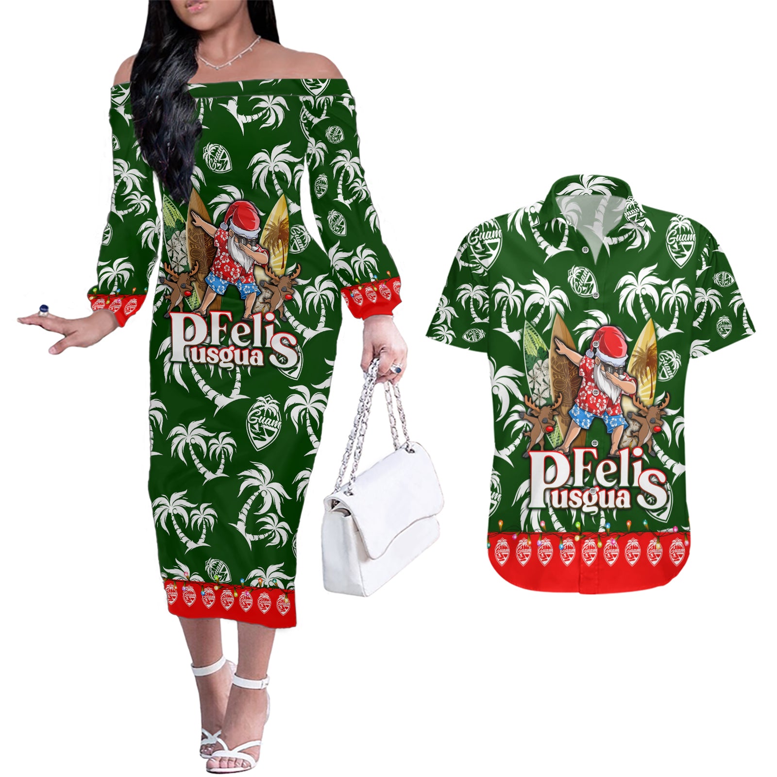 Guam Christmas Couples Matching Off The Shoulder Long Sleeve Dress and Hawaiian Shirt Felis Pusgua Tropical Xmas Patterns DT02 Green - Polynesian Pride