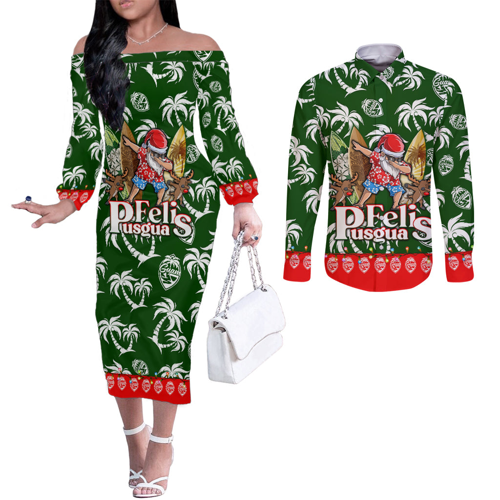 Guam Christmas Couples Matching Off The Shoulder Long Sleeve Dress and Long Sleeve Button Shirts Felis Pusgua Tropical Xmas Patterns DT02 Green - Polynesian Pride