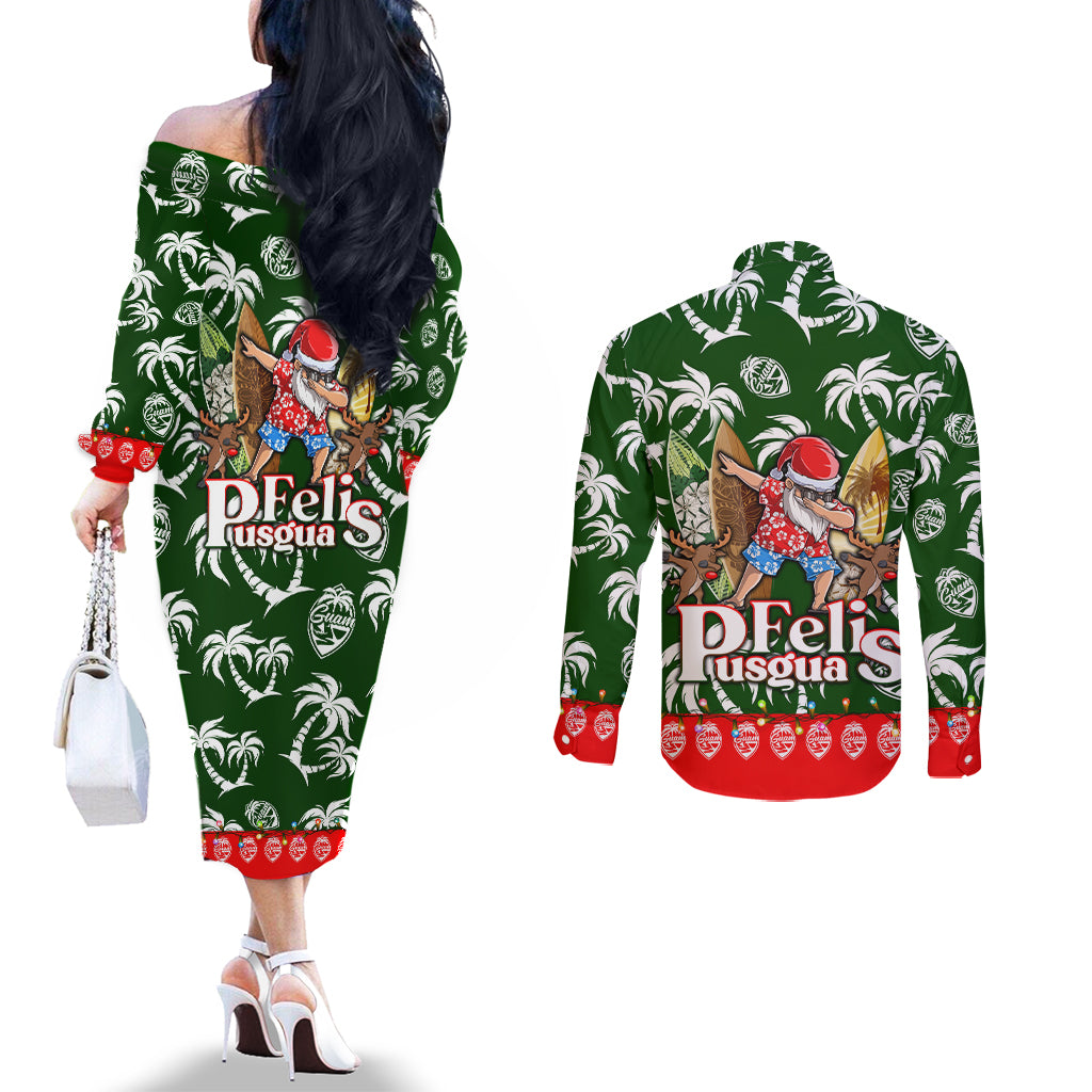 Guam Christmas Couples Matching Off The Shoulder Long Sleeve Dress and Long Sleeve Button Shirts Felis Pusgua Tropical Xmas Patterns DT02 - Polynesian Pride