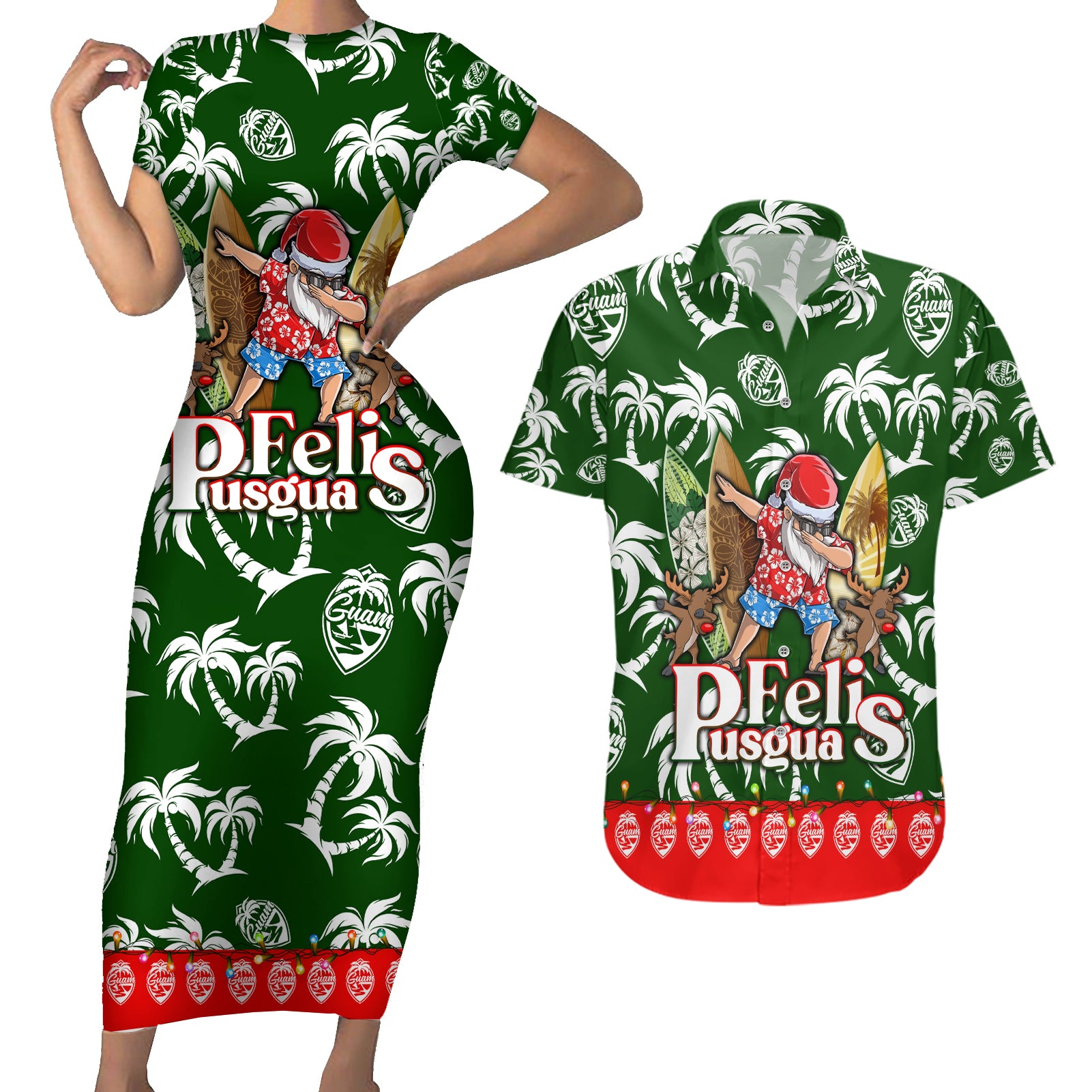 Guam Christmas Couples Matching Short Sleeve Bodycon Dress and Hawaiian Shirt Felis Pusgua Tropical Xmas Patterns DT02 Green - Polynesian Pride