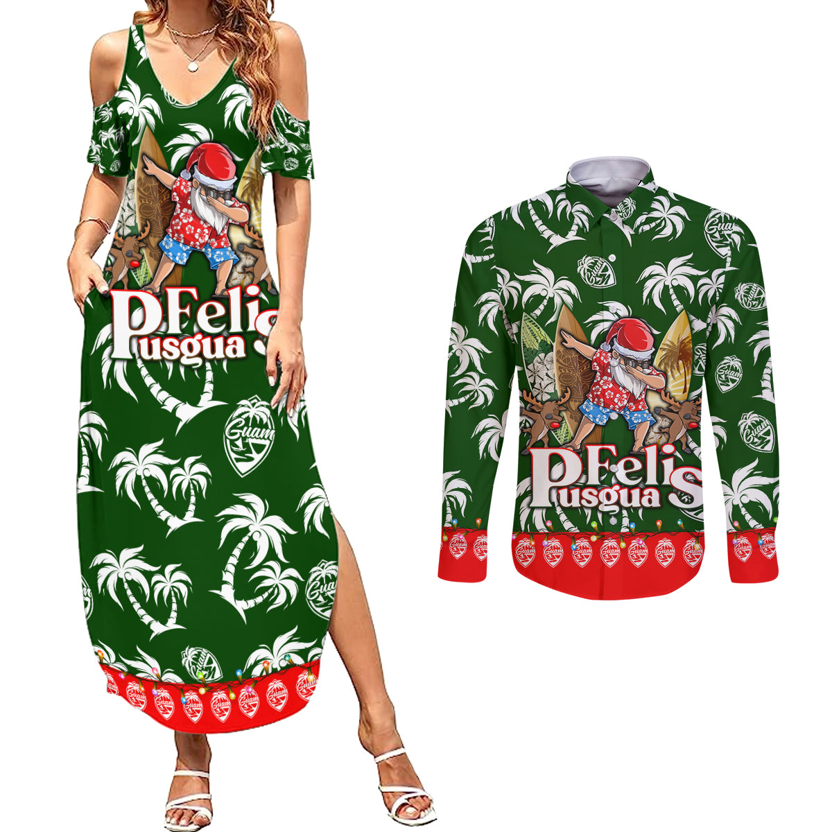 Guam Christmas Couples Matching Summer Maxi Dress and Long Sleeve Button Shirts Felis Pusgua Tropical Xmas Patterns DT02 Green - Polynesian Pride