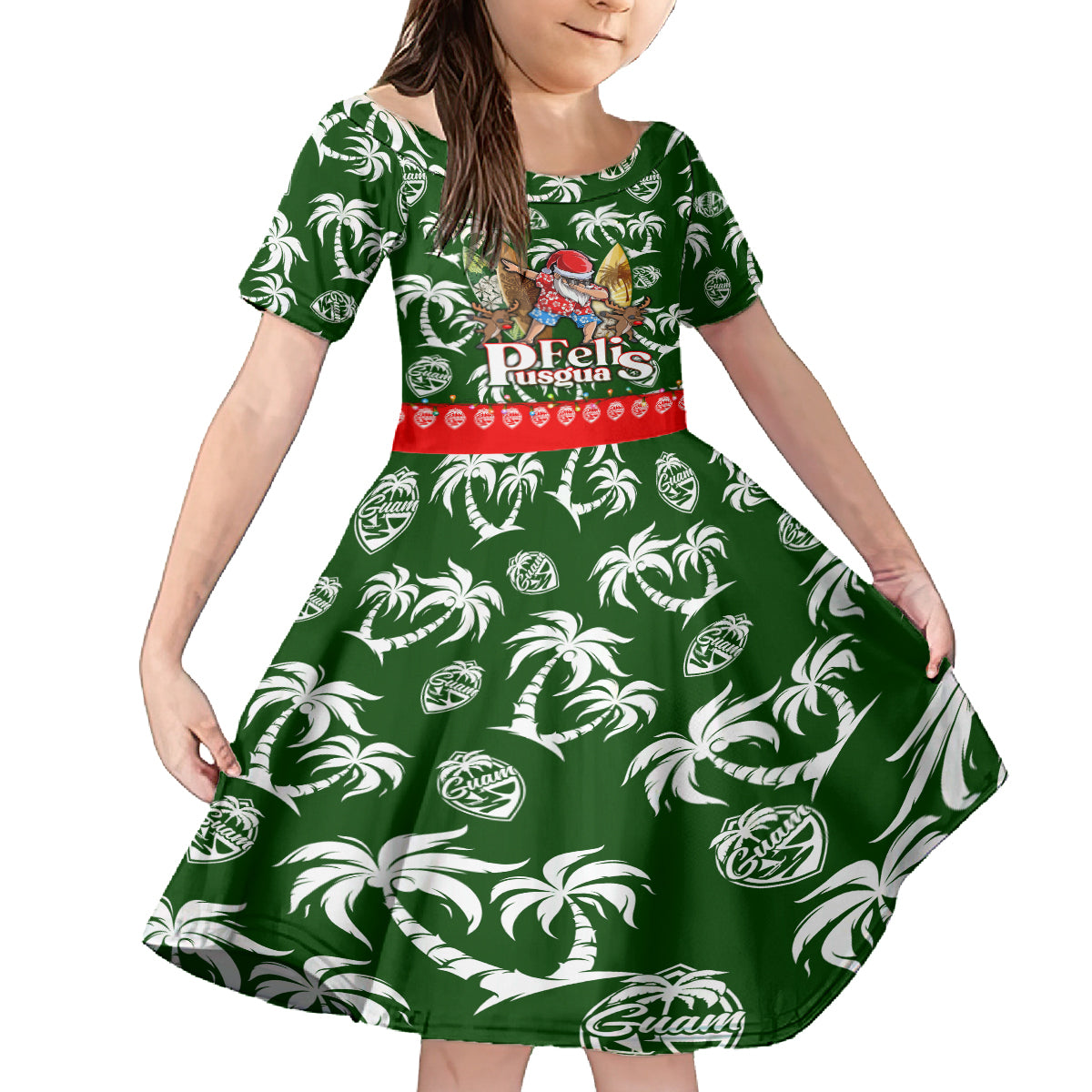 Guam Christmas Family Matching Puletasi Dress and Hawaiian Shirt Felis Pusgua Tropical Xmas Patterns DT02 Daughter's Dress Green - Polynesian Pride