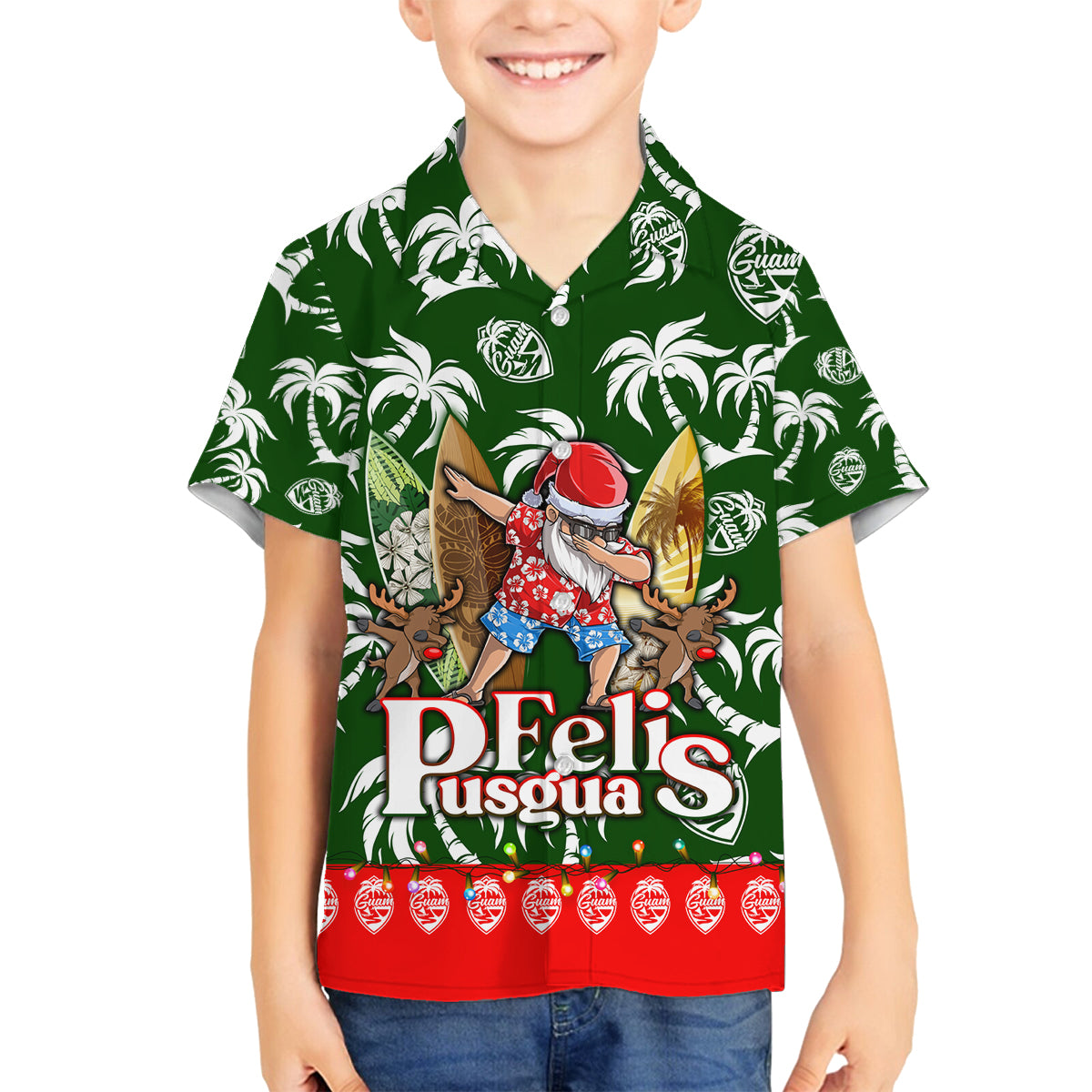 Guam Christmas Family Matching Summer Maxi Dress and Hawaiian Shirt Felis Pusgua Tropical Xmas Patterns DT02 Son's Shirt Green - Polynesian Pride