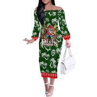 Guam Christmas Off The Shoulder Long Sleeve Dress Felis Pusgua Tropical Xmas Patterns DT02 Women Green - Polynesian Pride