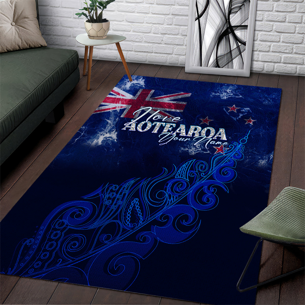 Personalised New Zealand Area Rug Aotearoa Map Silver Fern DT02 Blue - Polynesian Pride