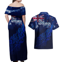 Personalised New Zealand Couples Matching Off Shoulder Maxi Dress and Hawaiian Shirt Aotearoa Map Silver Fern DT02 - Polynesian Pride