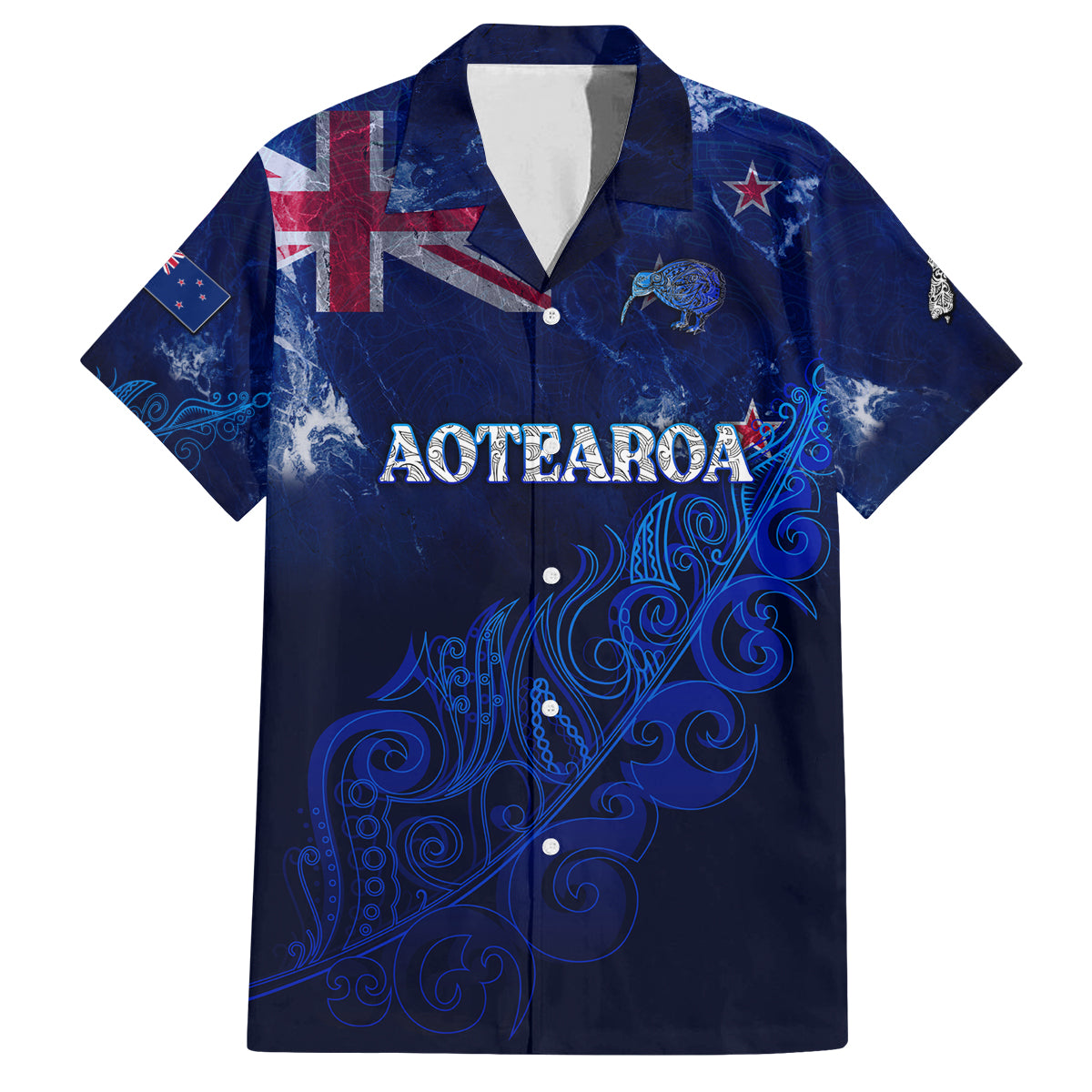 Personalised New Zealand Family Matching Off Shoulder Maxi Dress and Hawaiian Shirt Aotearoa Map Silver Fern DT02 Dad's Shirt - Short Sleeve Blue - Polynesian Pride