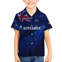 Personalised New Zealand Family Matching Off Shoulder Maxi Dress and Hawaiian Shirt Aotearoa Map Silver Fern DT02 Son's Shirt Blue - Polynesian Pride