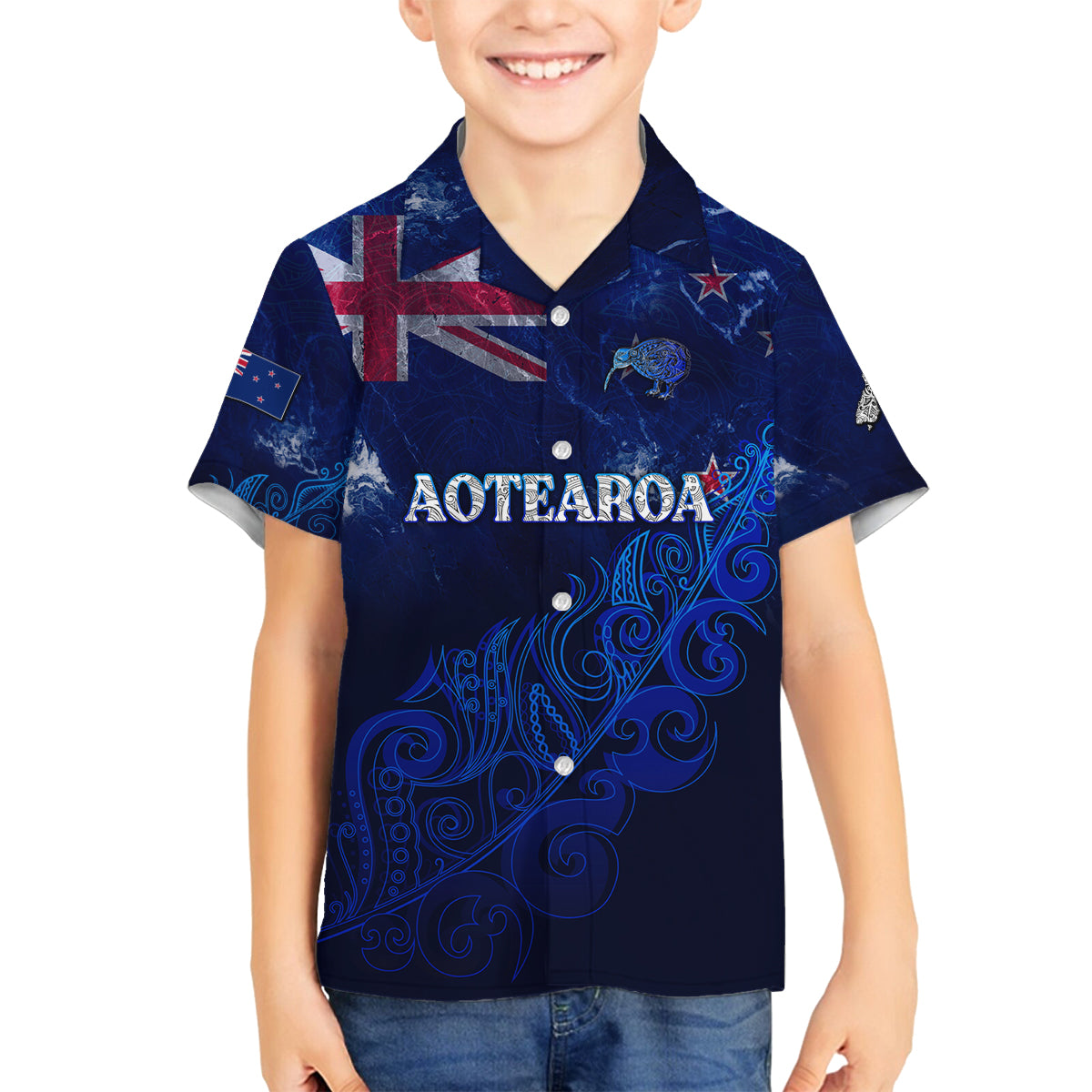 Personalised New Zealand Family Matching Puletasi Dress and Hawaiian Shirt Aotearoa Map Silver Fern DT02 Son's Shirt Blue - Polynesian Pride