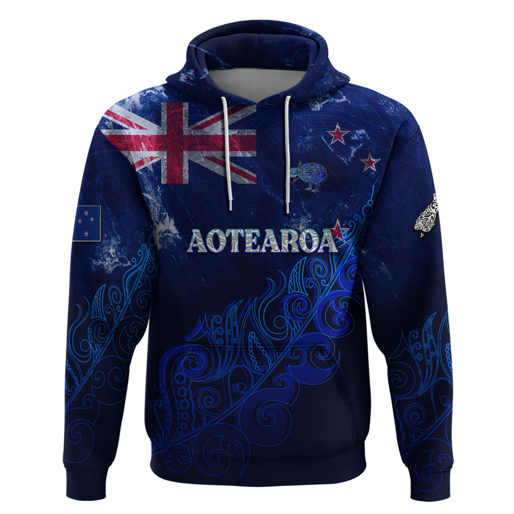 Personalised New Zealand Hoodie Aotearoa Map Silver Fern DT02 Blue - Polynesian Pride