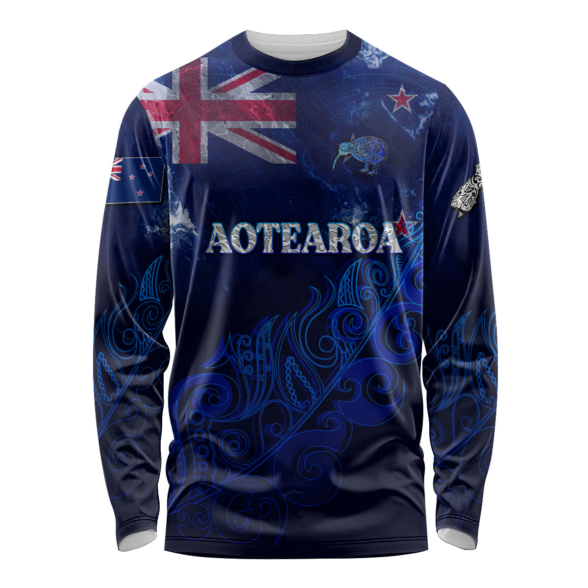 Personalised New Zealand Long Sleeve Shirt Aotearoa Map Silver Fern DT02 Unisex Blue - Polynesian Pride