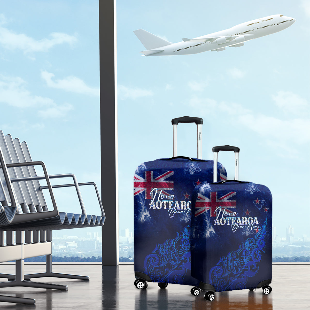 Personalised New Zealand Luggage Cover Aotearoa Map Silver Fern DT02 - Polynesian Pride