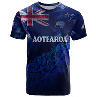 Personalised New Zealand T Shirt Aotearoa Map Silver Fern DT02 Blue - Polynesian Pride