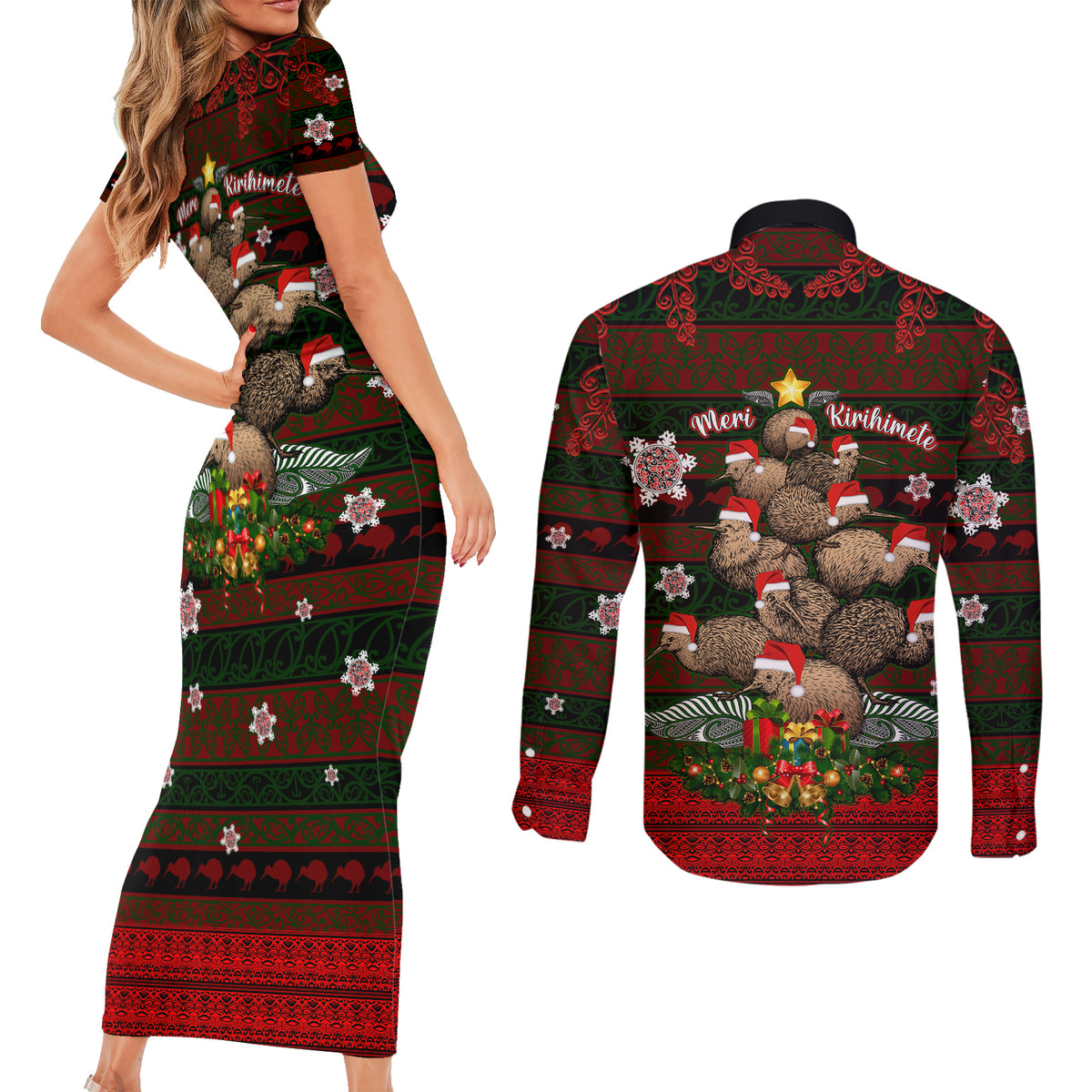 Meri Kirihimete New Zealand Couples Matching Short Sleeve Bodycon Dress and Long Sleeve Button Shirts Christmas Kiwi Maori DT02 - Polynesian Pride