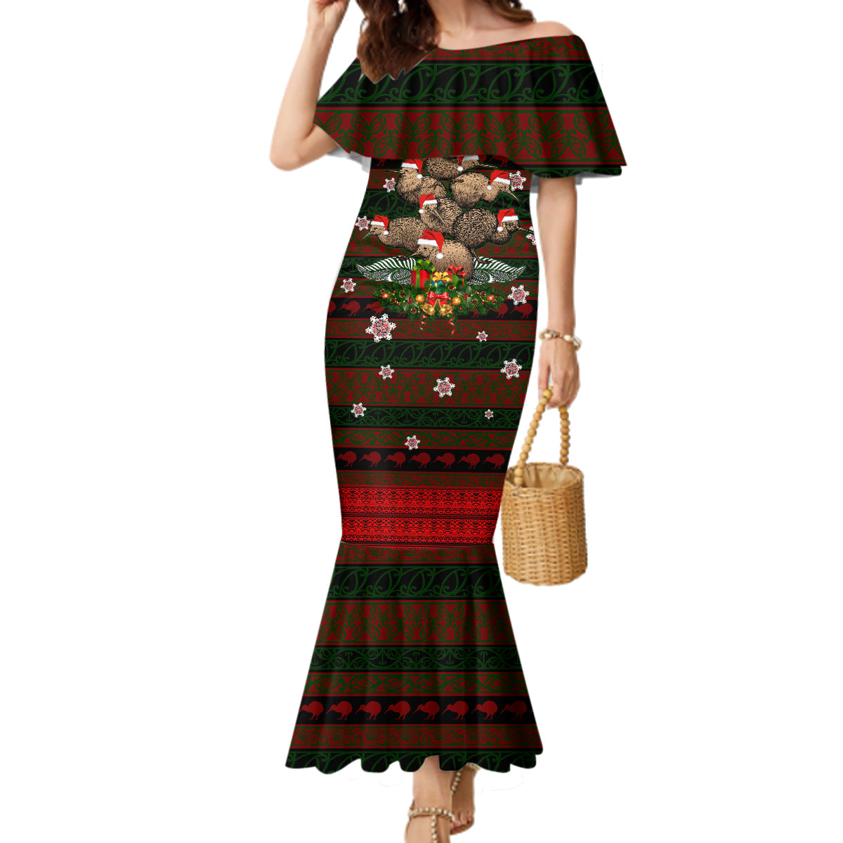 Meri Kirihimete New Zealand Family Matching Mermaid Dress and Hawaiian Shirt Christmas Kiwi Maori DT02 Mom's Dress Red - Polynesian Pride