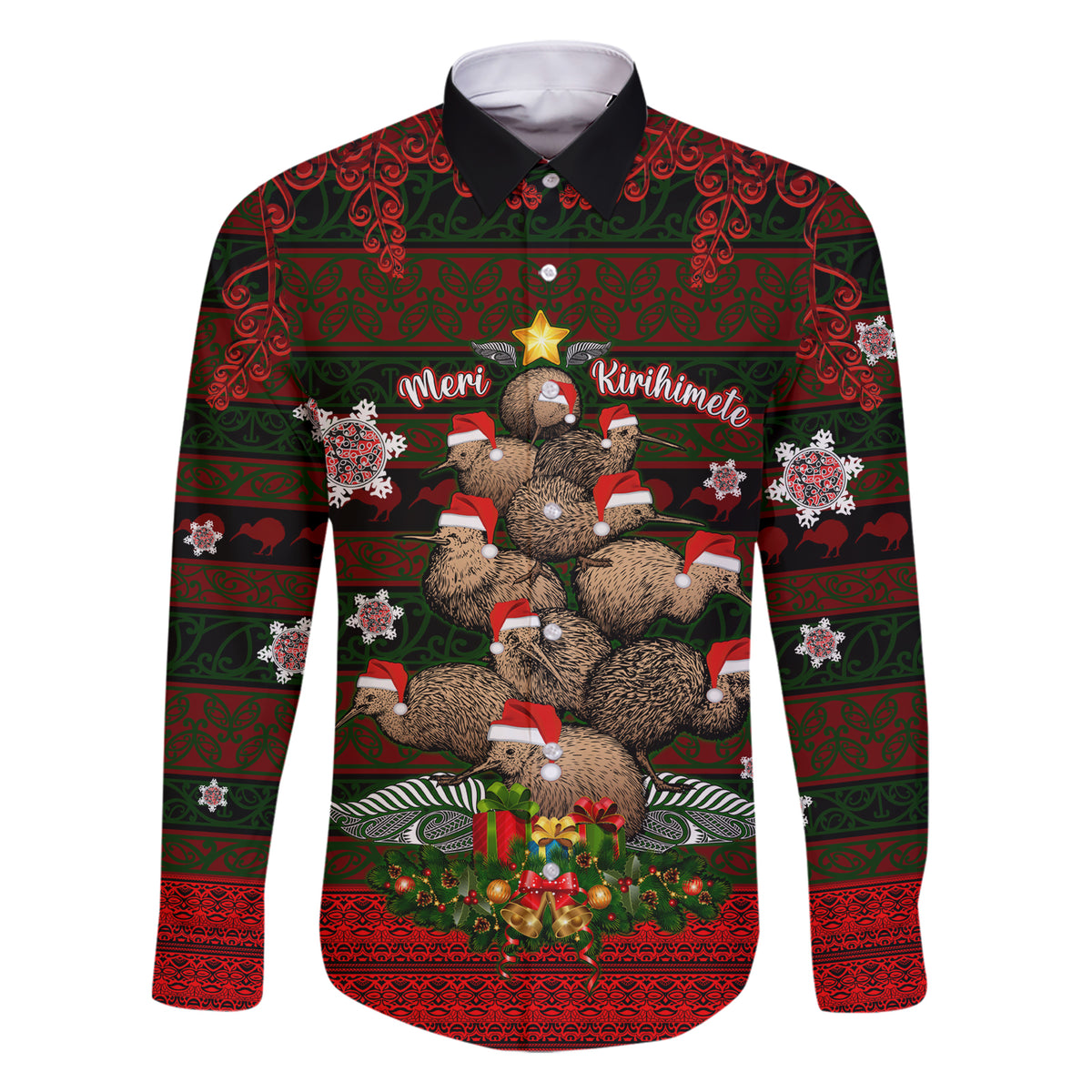 Meri Kirihimete New Zealand Family Matching Short Sleeve Bodycon Dress and Hawaiian Shirt Christmas Kiwi Maori DT02 Dad's Shirt - Long Sleeve Red - Polynesian Pride