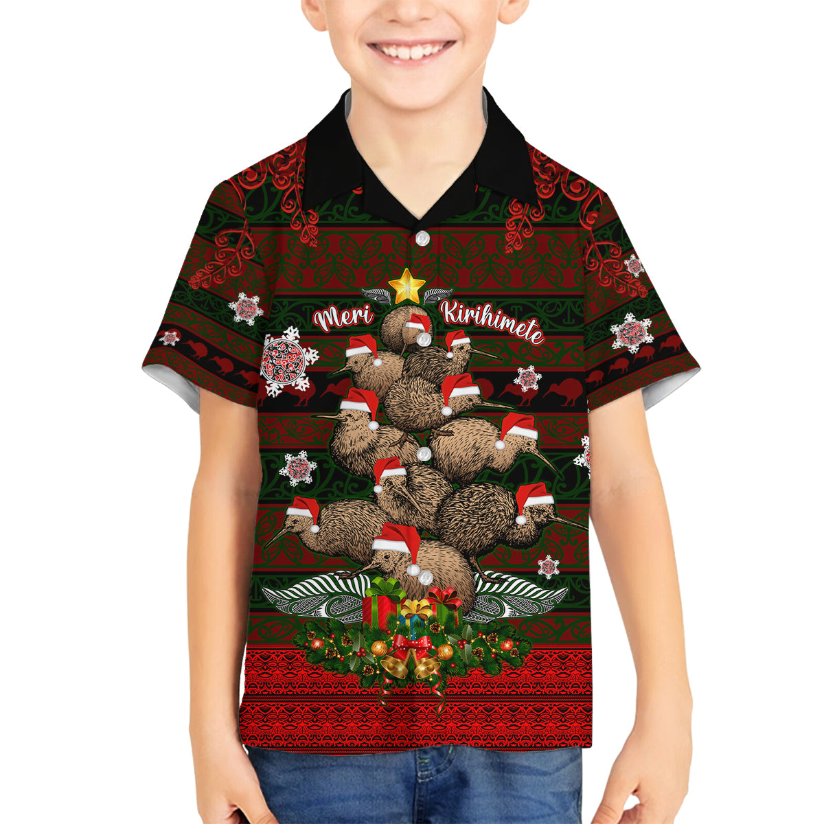 Meri Kirihimete New Zealand Family Matching Tank Maxi Dress and Hawaiian Shirt Christmas Kiwi Maori DT02 Son's Shirt Red - Polynesian Pride