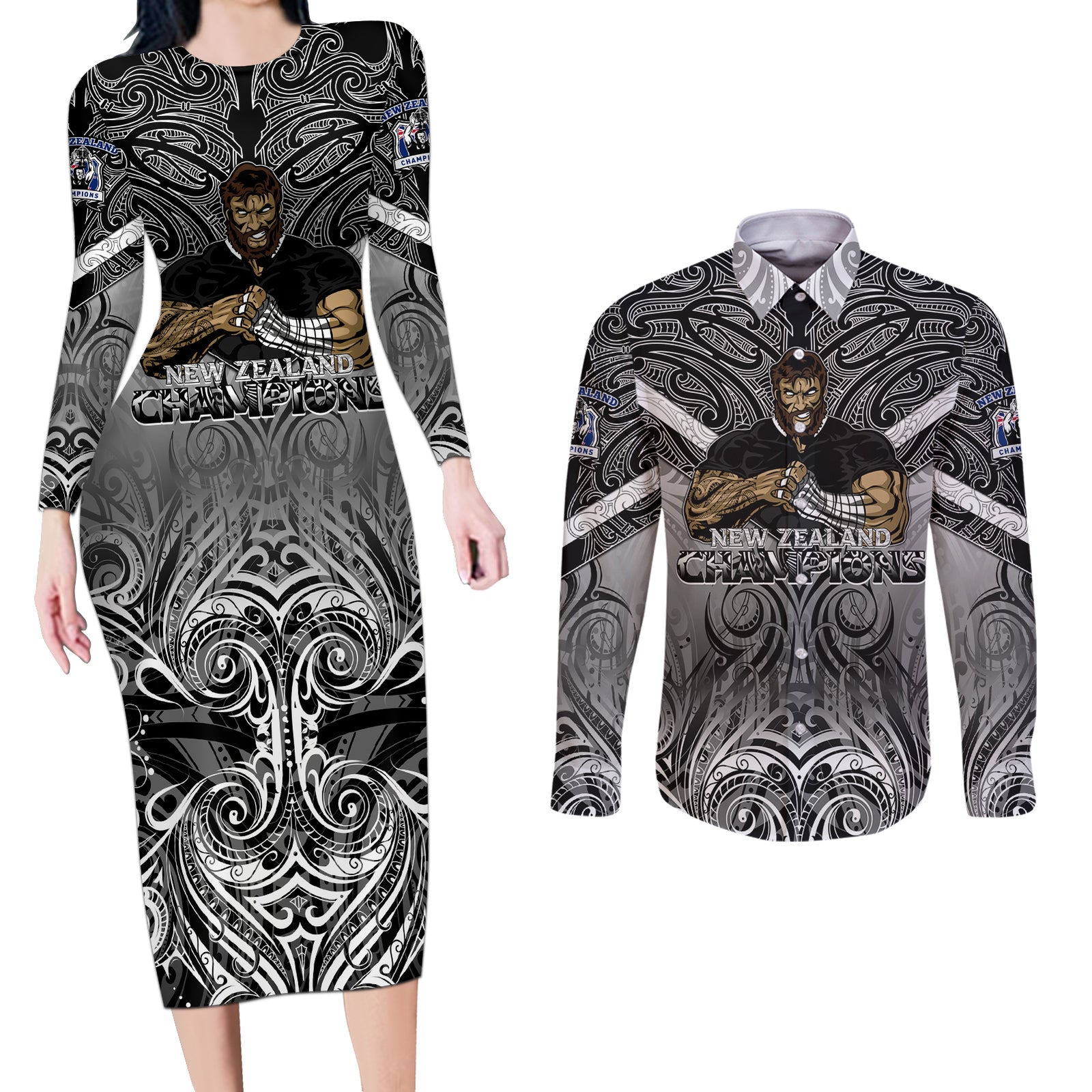 New Zealand Couples Matching Long Sleeve Bodycon Dress and Long Sleeve Button Shirt Rugby Aotearoa Champions DT02 Black - Polynesian Pride