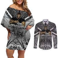 New Zealand Couples Matching Off Shoulder Short Dress and Long Sleeve Button Shirt Rugby Aotearoa Champions DT02 Black - Polynesian Pride