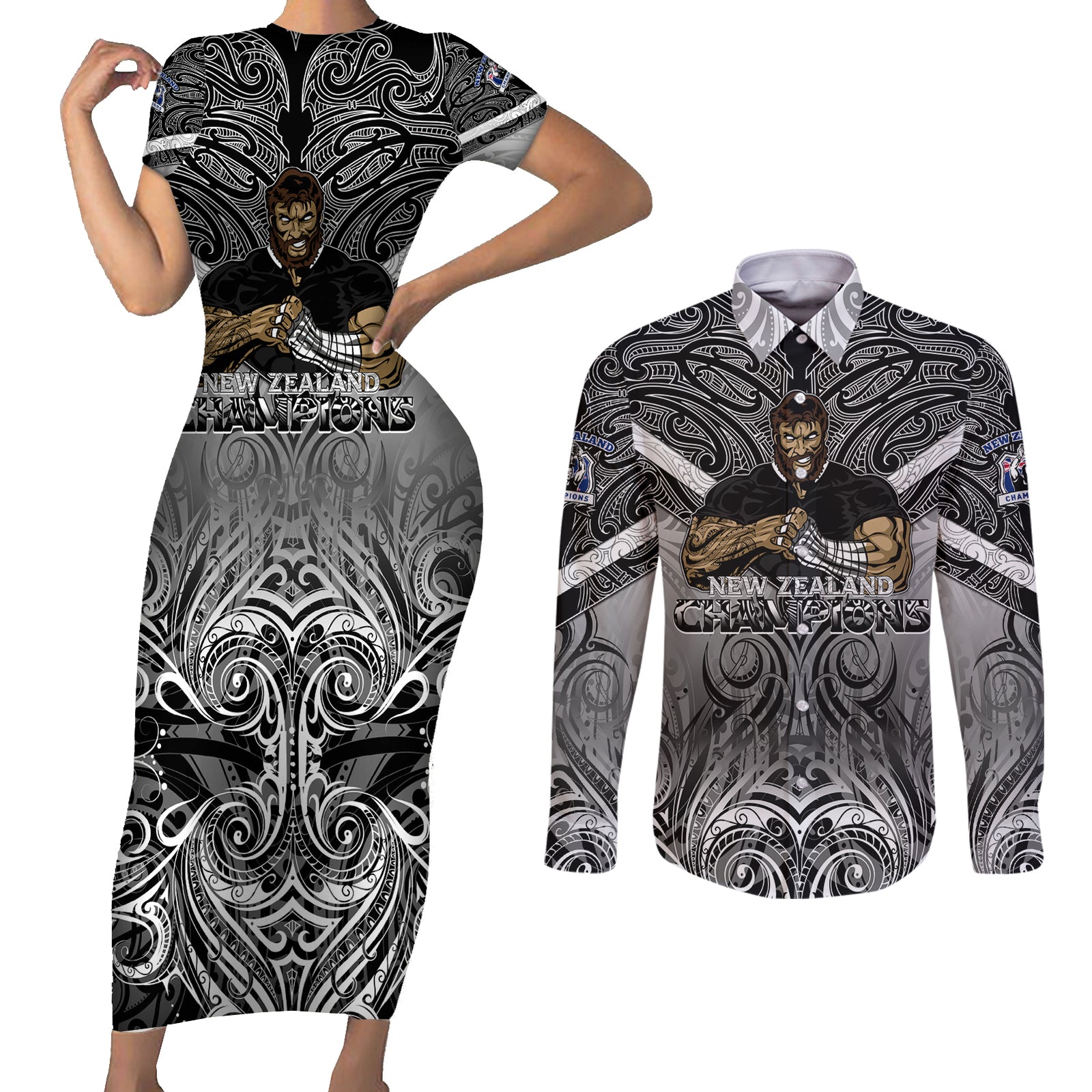 New Zealand Couples Matching Short Sleeve Bodycon Dress and Long Sleeve Button Shirt Rugby Aotearoa Champions DT02 Black - Polynesian Pride