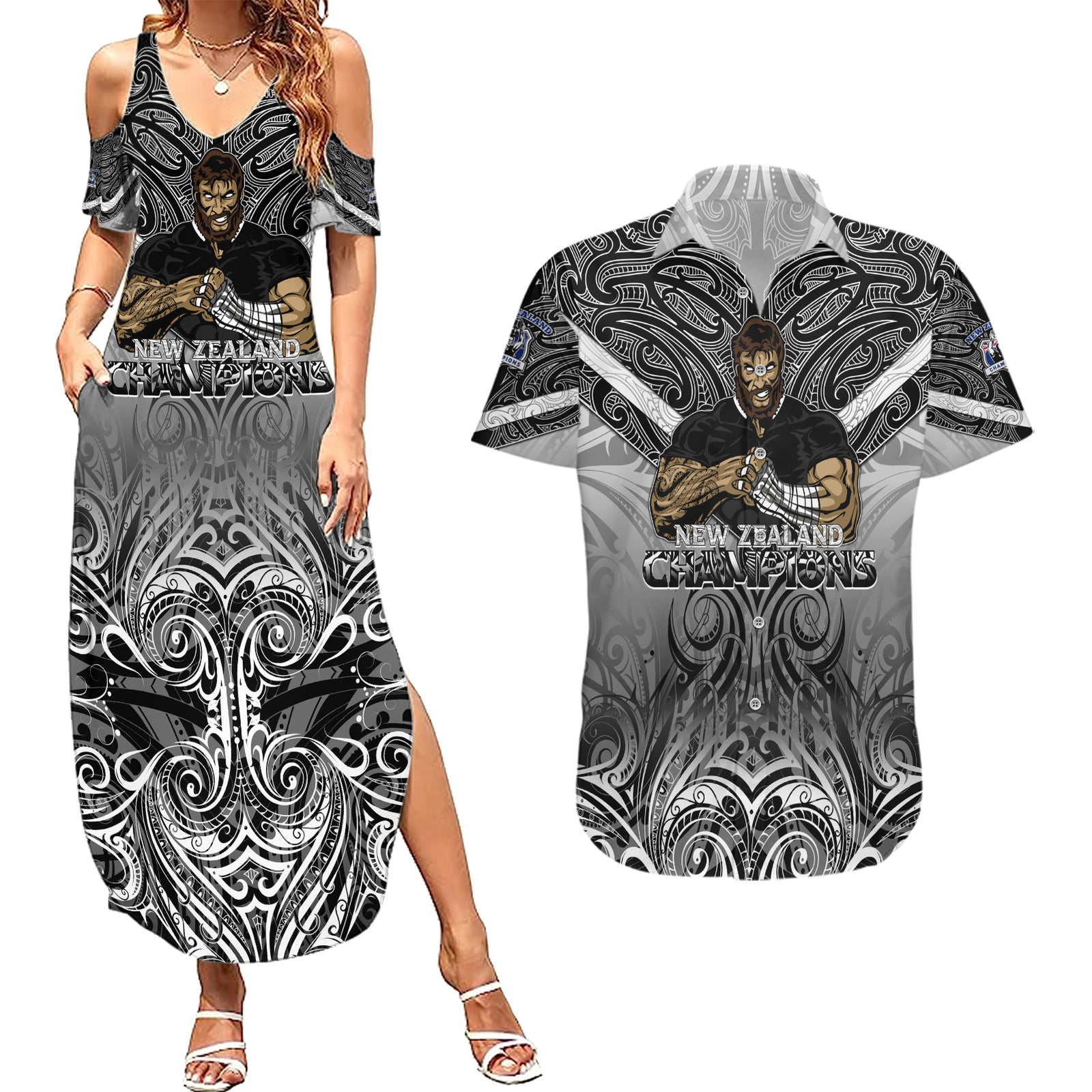 New Zealand Couples Matching Summer Maxi Dress and Hawaiian Shirt Rugby Aotearoa Champions DT02 Black - Polynesian Pride