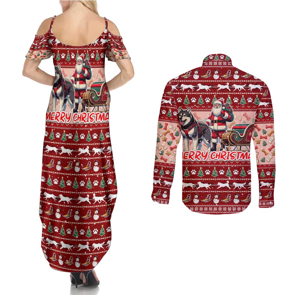 Dog Sled Christmas Couples Matching Summer Maxi Dress and Long Sleeve Button Shirt Husky Sleigh Ride Design - Polynesian Pride