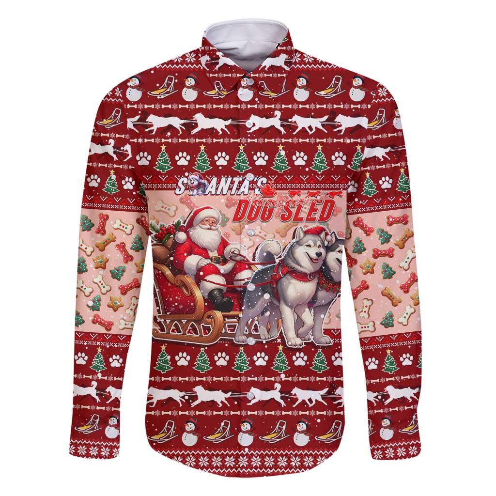 Dog Sled Christmas Family Matching Mermaid Dress and Hawaiian Shirt Husky Sleigh Ride Design DT02 Dad's Shirt - Long Sleeve Red - Polynesian Pride