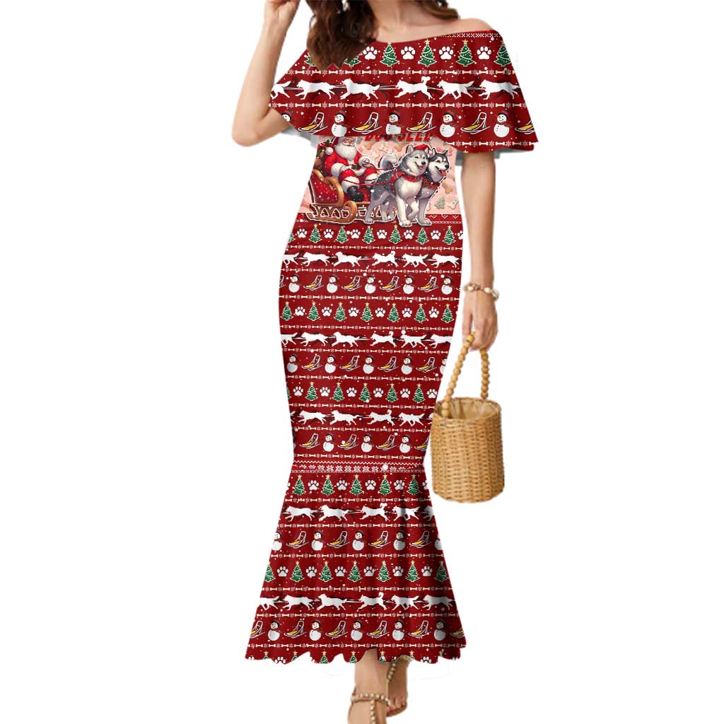 Dog Sled Christmas Family Matching Mermaid Dress and Hawaiian Shirt Husky Sleigh Ride Design DT02 Mom's Dress Red - Polynesian Pride
