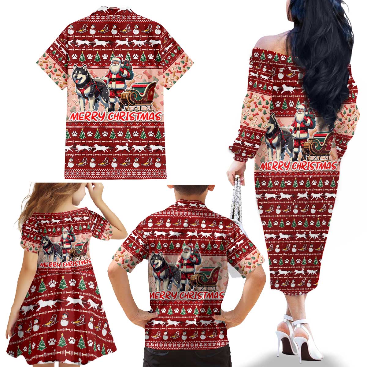 Dog Sled Christmas Family Matching Off The Shoulder Long Sleeve Dress and Hawaiian Shirt Husky Sleigh Ride Design - Polynesian Pride