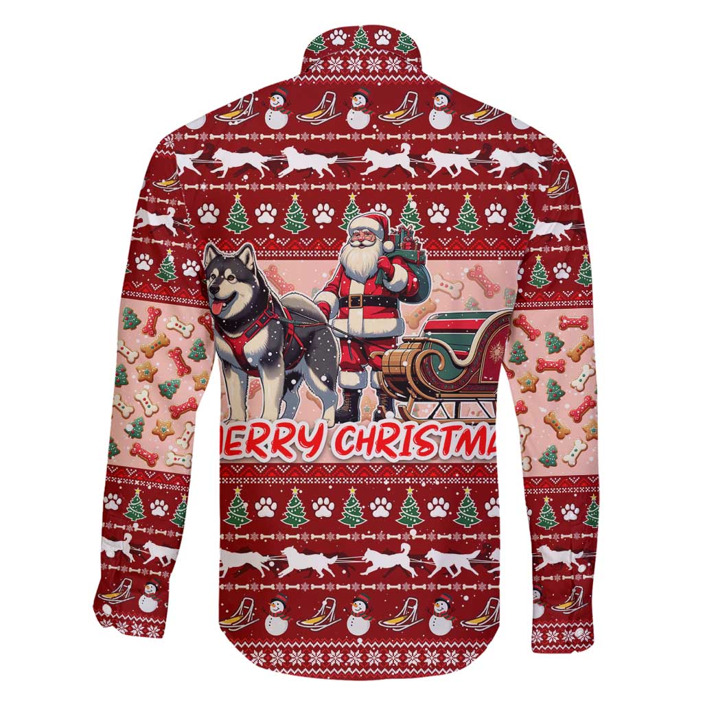 Dog Sled Christmas Family Matching Off Shoulder Short Dress and Hawaiian Shirt Husky Sleigh Ride Design - Polynesian Pride