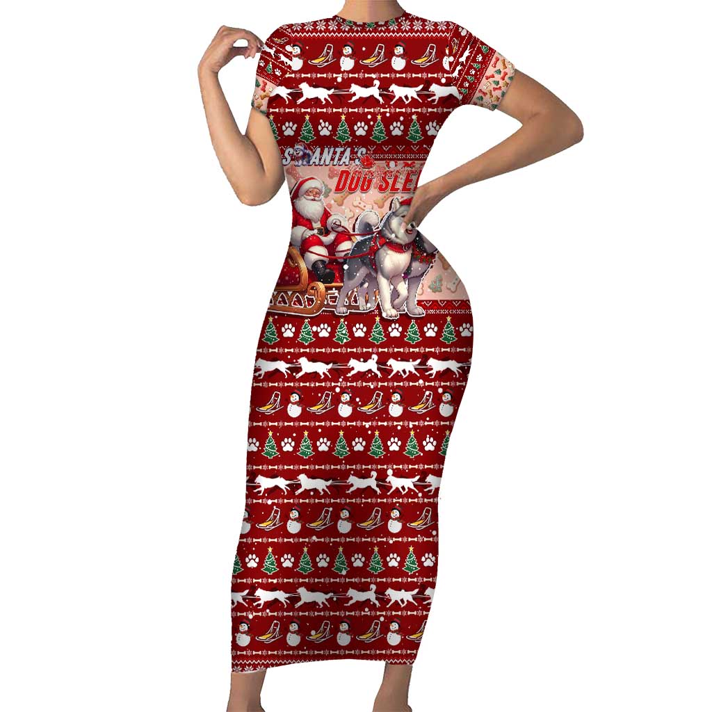Dog Sled Christmas Family Matching Short Sleeve Bodycon Dress and Hawaiian Shirt Husky Sleigh Ride Design DT02 Mom's Dress Red - Polynesian Pride