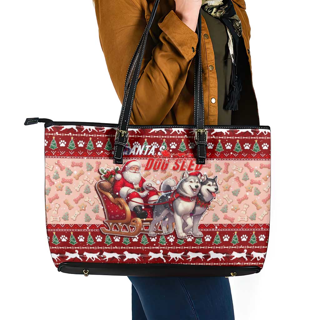 Dog Sled Christmas Leather Tote Bag Husky Sleigh Ride Design - Polynesian Pride