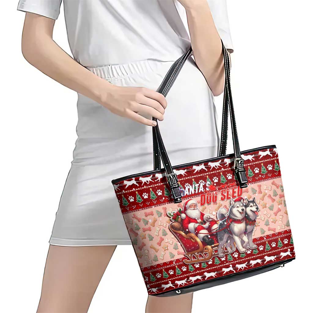 Dog Sled Christmas Leather Tote Bag Husky Sleigh Ride Design - Polynesian Pride