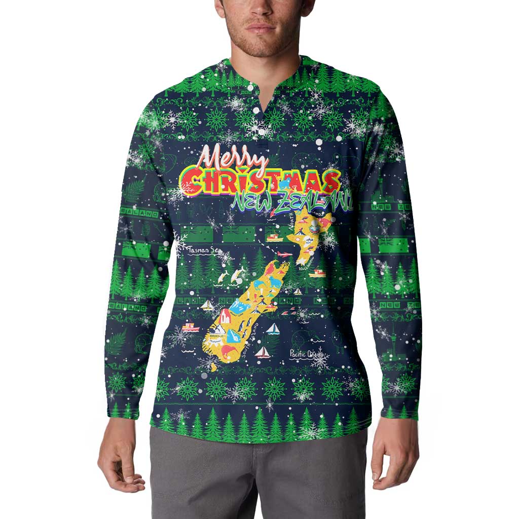 Merry Christmas New Zealand Button Sweatshirt Xmas Travel Map - Polynesian Pride