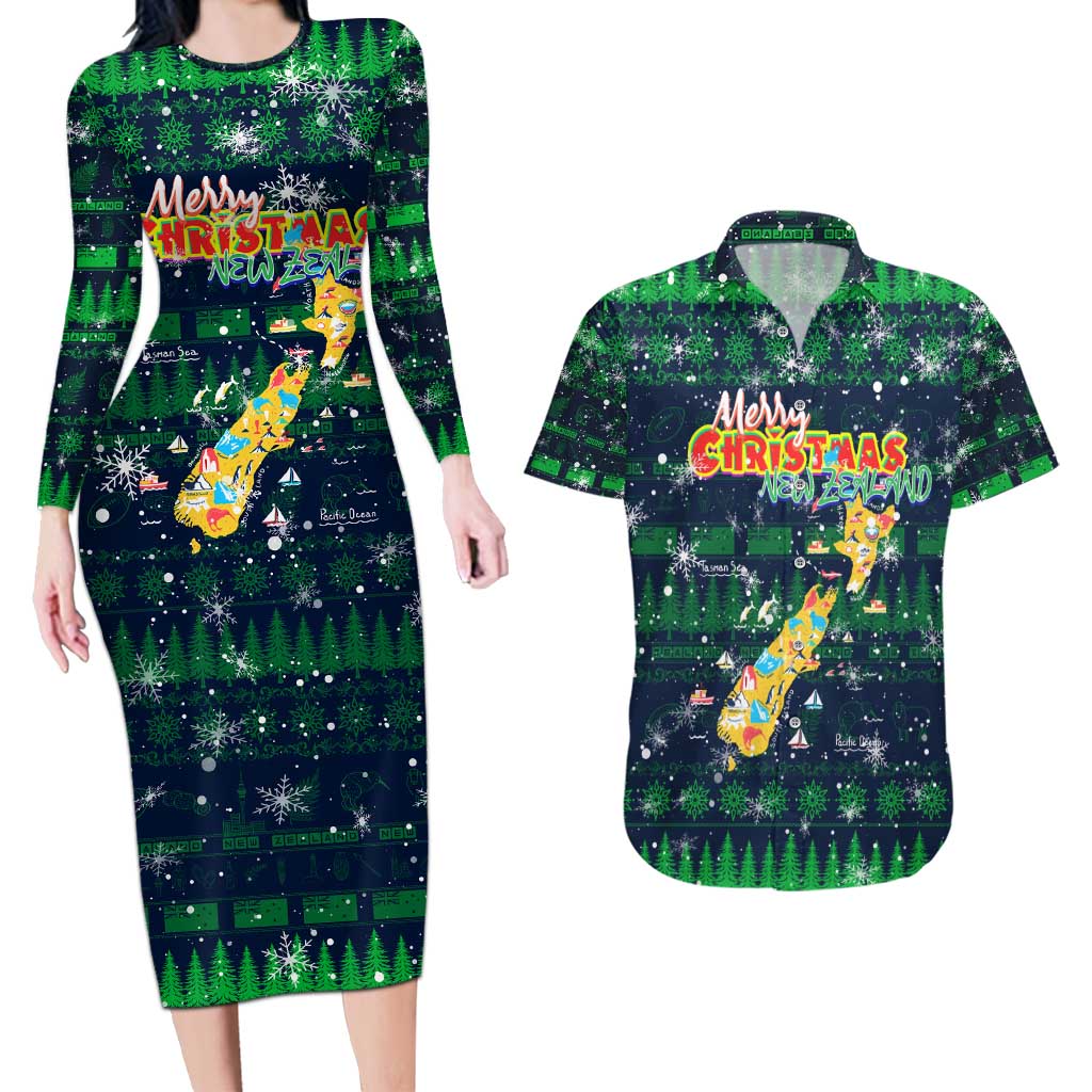Merry Christmas New Zealand Couples Matching Long Sleeve Bodycon Dress and Hawaiian Shirt Xmas Travel Map - Polynesian Pride