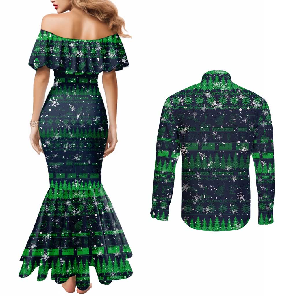 Merry Christmas New Zealand Couples Matching Mermaid Dress and Long Sleeve Button Shirt Xmas Travel Map - Polynesian Pride