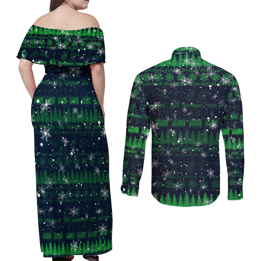 Merry Christmas New Zealand Couples Matching Off Shoulder Maxi Dress and Long Sleeve Button Shirt Xmas Travel Map - Polynesian Pride